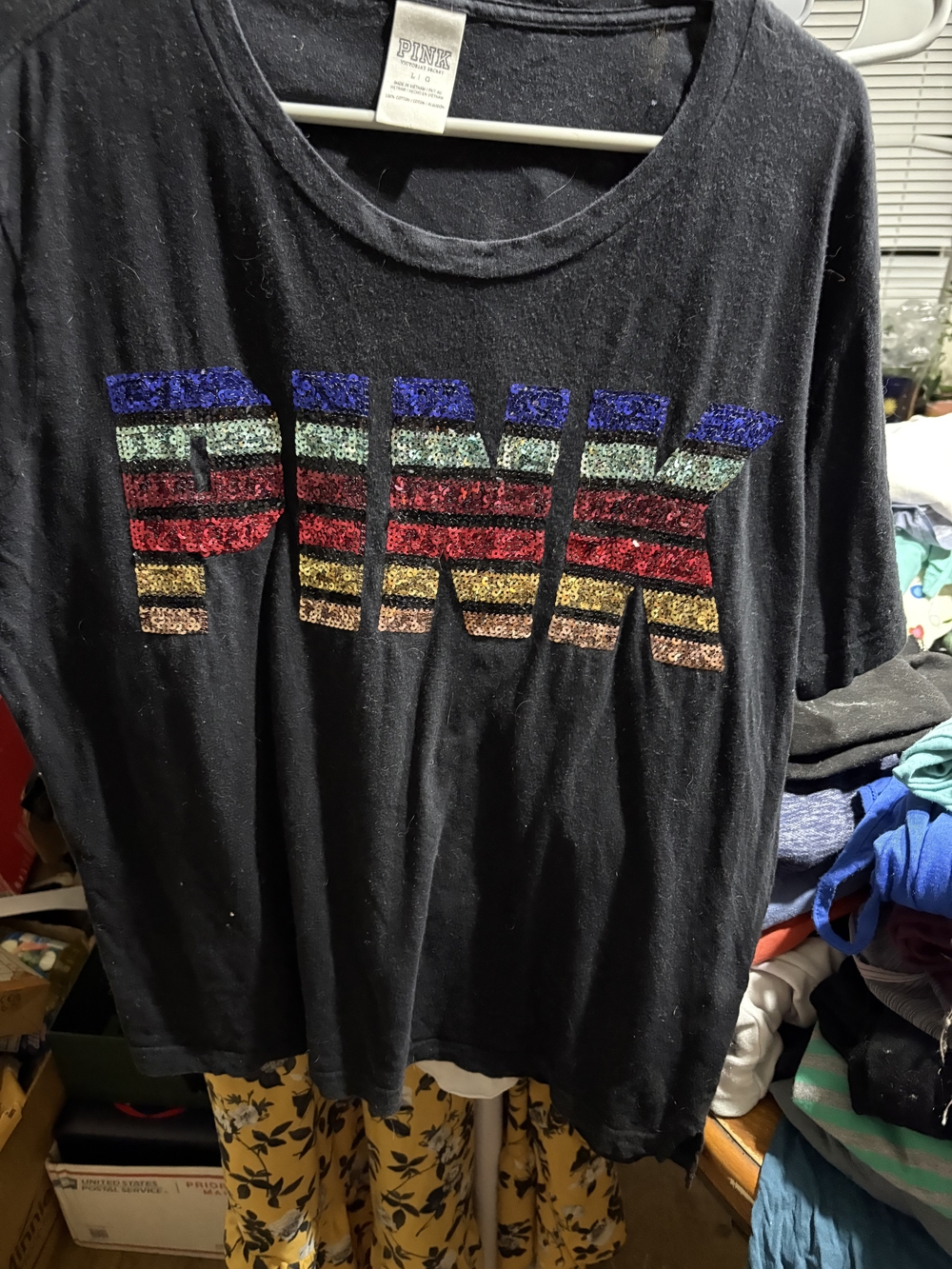 PINK Victoria's Secret Black Short Sleeve Tee with Multicolor Sequin Logo